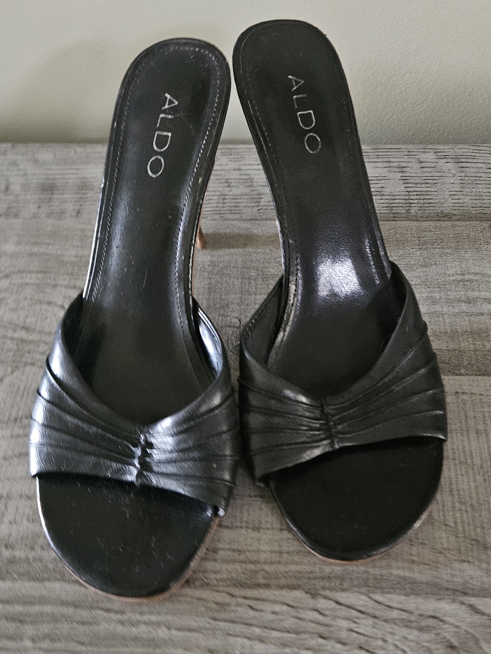 Aldo Black Leather Open-Toe Ruched Mules